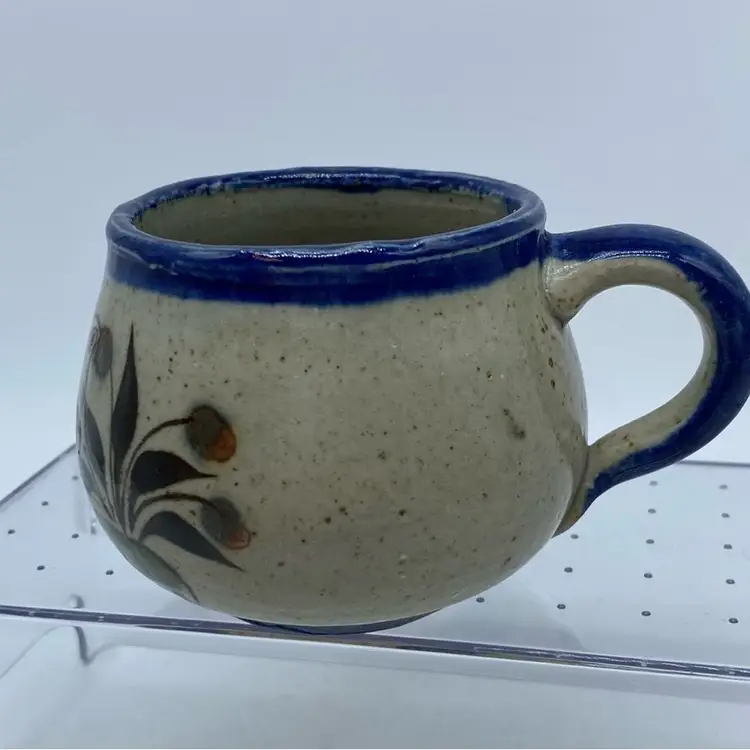 #0708 Vintage hand-painted Mexican pottery mug with bird and floral motif Signed