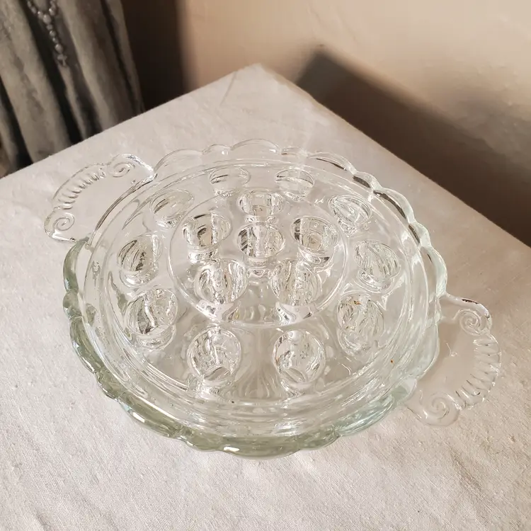Ribbed Glass Bowl with Handles and Flower Frog Insert
