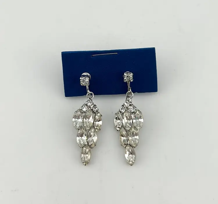 Vintage Silver Tone Rhinestone Screw Back Earrings 1.75”