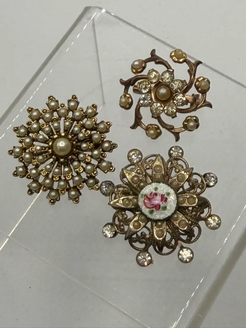 Vintage Scatter Pin Lot Of 3 Faux Pearls Rhinestones