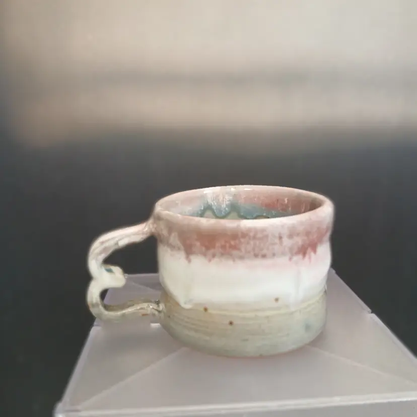 Pottery Mug - hand made, wheel thrown - gray, white, burgundy glaze - small sz, measures 3.5" dia and 2.5" H.