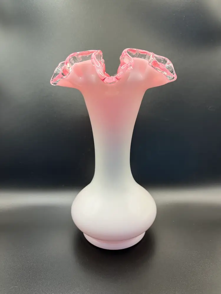 Vintage Fenton Silver Crest Cased Peach Pink Milk Glass Ruffled Vase