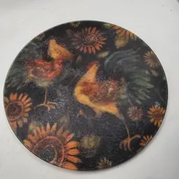 Glass trivet round rooster chickens sunflowers