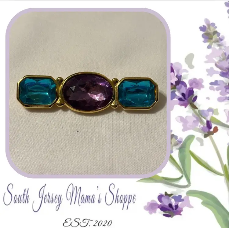 Vintage Trifari Gold Tone Bar Brooch With Purple And Teal Glass