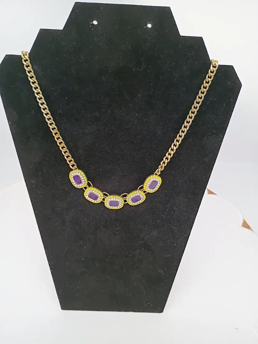 Gold Tone with Enamel and Rhinestone Adjustable16-18 Necklace UV reactive Enamel.