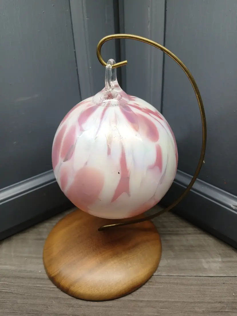 Pink & White Blown Glass Iridescent Christmas Ornament W/ Gold Tone Wood Stand