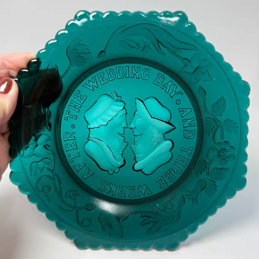 Vintage Westmoreland Glass Wedding Day 3 Weeks After Teal Blue Topsy-Turvy Plate