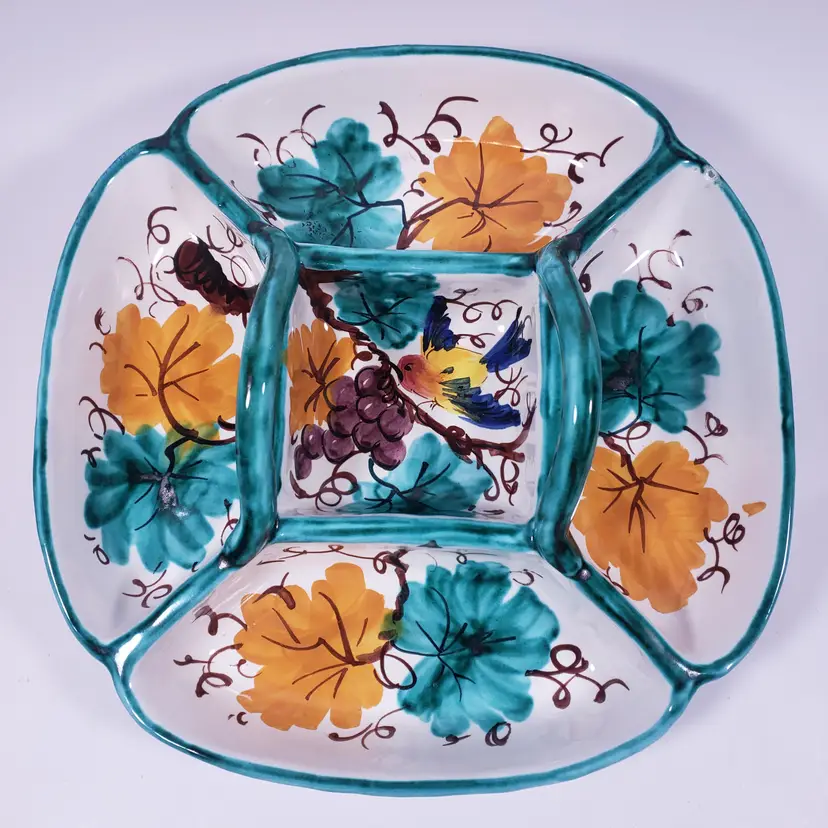 Vintage PV ITALY Hand Painted Bird Foliage Peasant Village Ceramic DIVIDED DISH