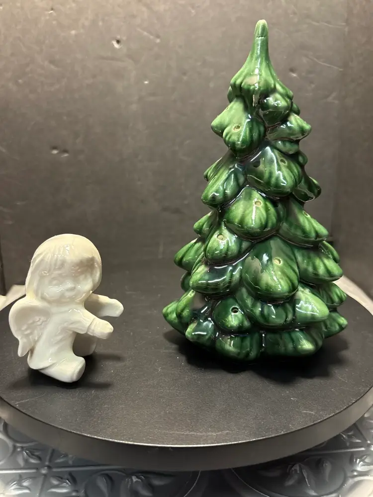 Vintage Atlantic Mold 9” Green Ceramic Lighted Christmas Tree Top Section Only and a angel candle hugger