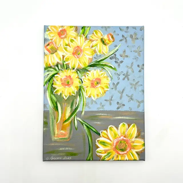 Acrylic Floral Painting “First Blooms Of Spring” Yellow Daffodils Green 12 X 9” Canvas