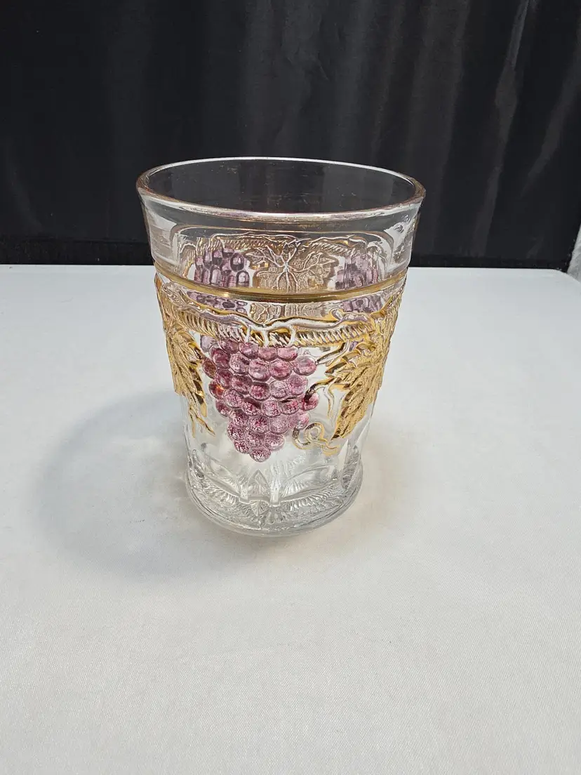 Vintage MCM Mosser Glass Gold Leaf Grape Tumblers 4" Drinking Glass