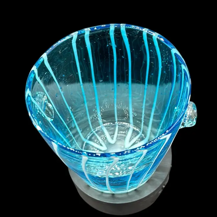 Venini Italian Aqua Applied Stripe Handle Bucket Vase 6” No Noted Flaws