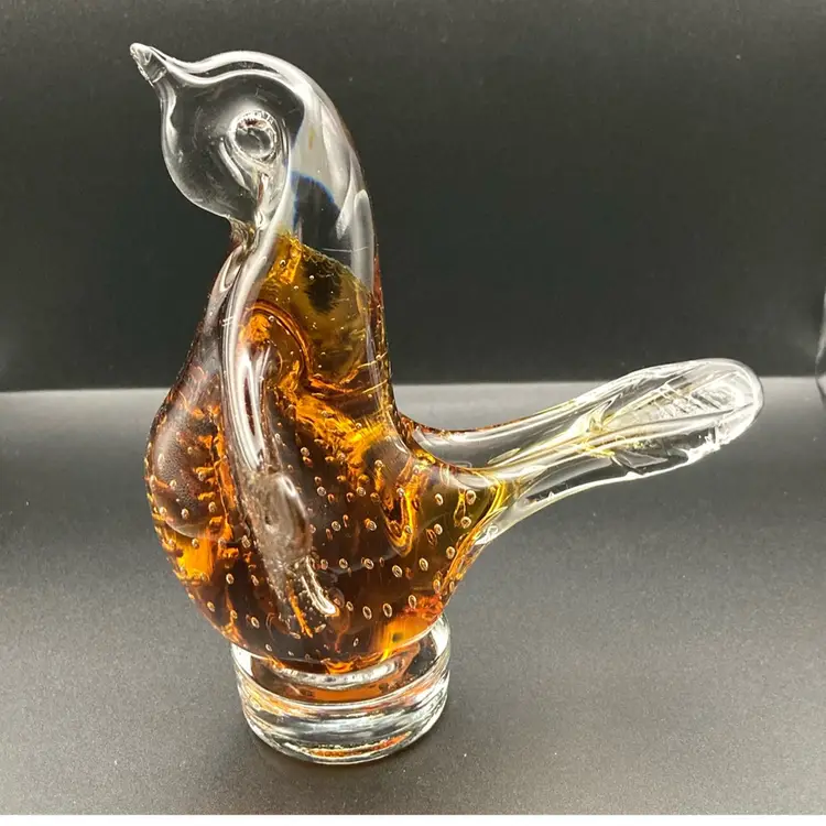Awesome Amber Penguin Paperweight With Controlled Bubbles  And Makers Base Still Attached 9” Tall 5 1/2” Wing Span 5 1/2” Belly To Tail Tip