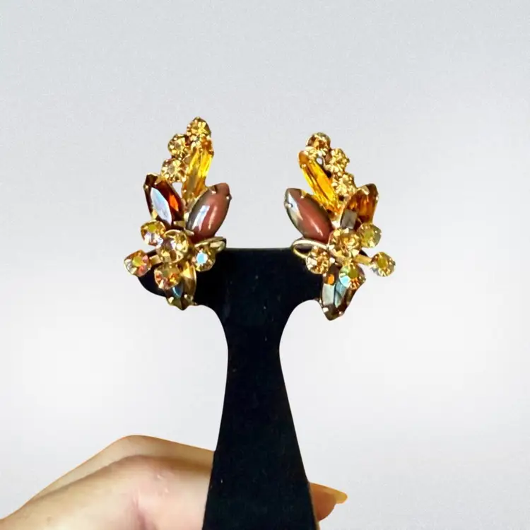 Vintage D&E Delizza & Ester Tara or Juliana Gold Topaz Navette AB Crystal Rhinestone Clip On Earrings, 1.5”
