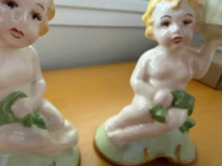 Pair Vintage Audrey Cherub Porcelain Candlesticks, Japan, MCM, Retro Classic ~5"