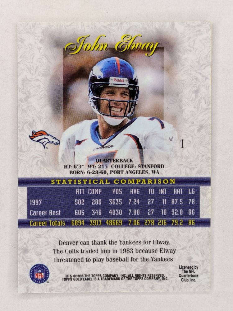 John Elway 1998 Topps Gold Label CLASS 2 #1 HOF Denver Broncos