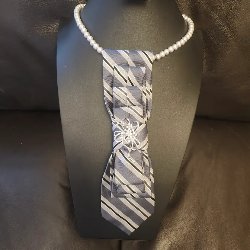 #01 Upcycled Elegant Striped Tie Necklace with Brooch