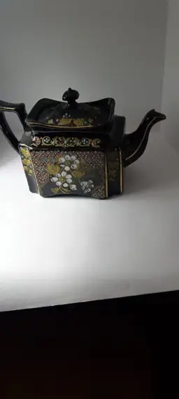 #890 ceramic teapot decor with little colored flowers leafs gold tone trim  DO NOT USE FOR LIQUIDS