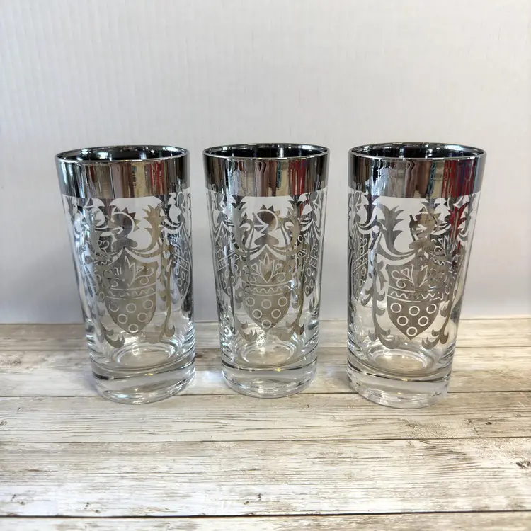 Kimiko Silver Knight Highball Glasses Set of 3 – Coat of Arms, Vintage Barware (0041-25)
