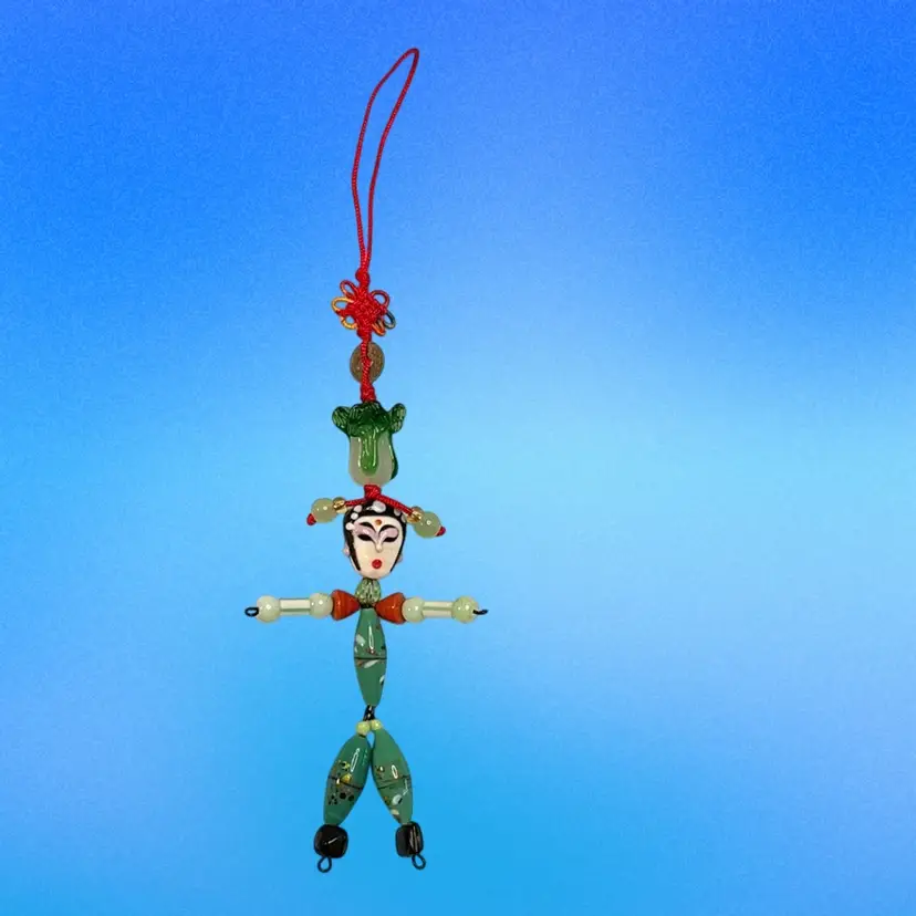 Bead Person Geisha Glass Bead Face On Both Sides. Vintage Glass Trade Beads And Stone. 4” Person Plus 3” Hanger