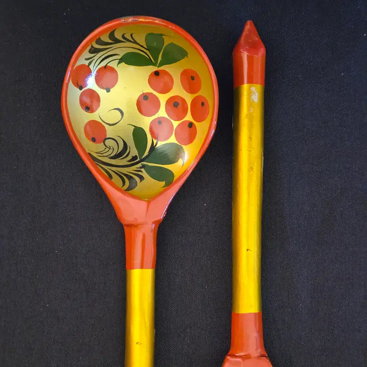 Folk Art Painted Wood Spoons Khokhloma Russian Gold Red Lacquer set of 2 Vintage