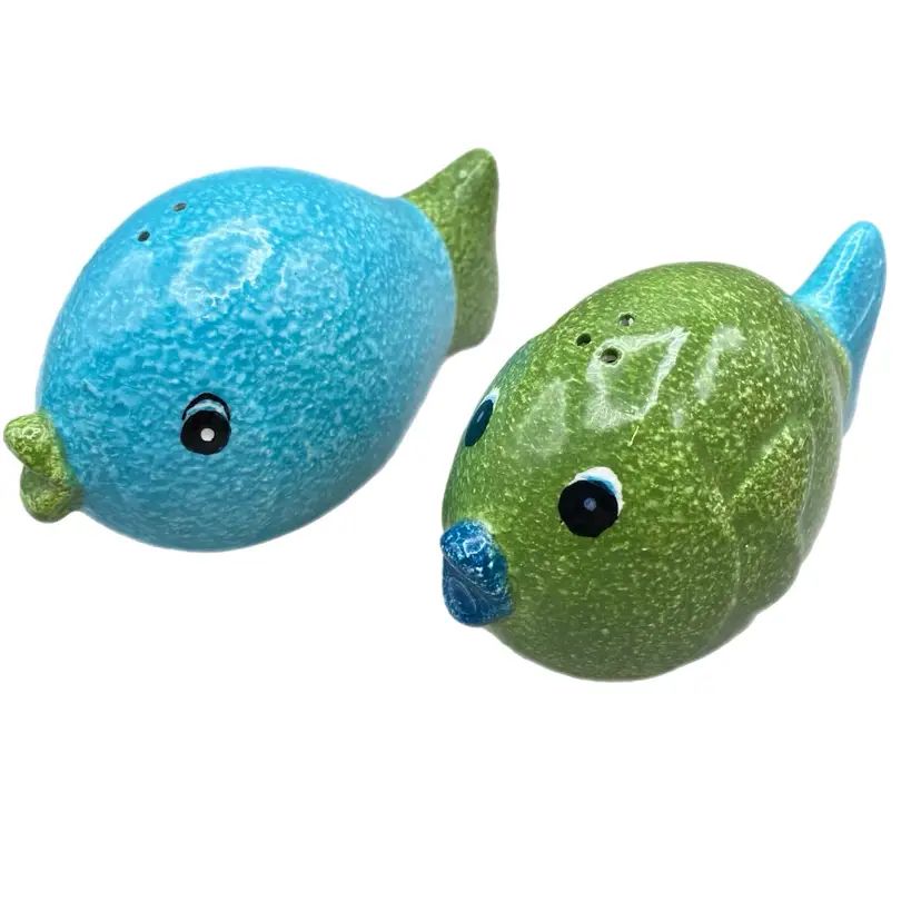 Fish Salt and Pepper Shakers Blue Green Nautical Beach House Whimsical