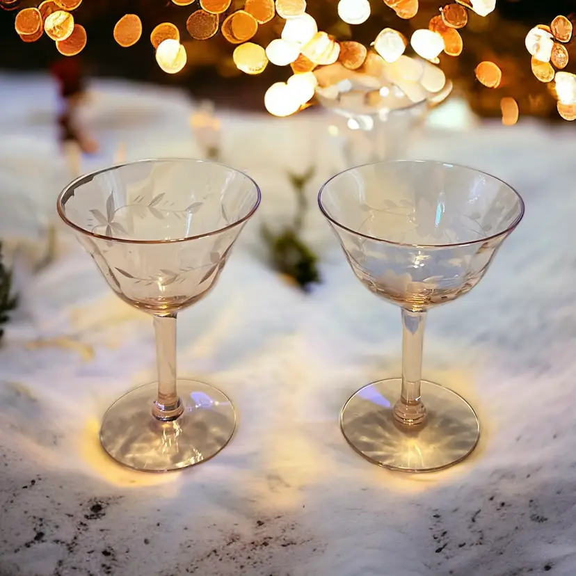“Pretty In Pink” Pair Of Vintage Pink Depression Glass 5" Hand Blown Wine Etched Designs