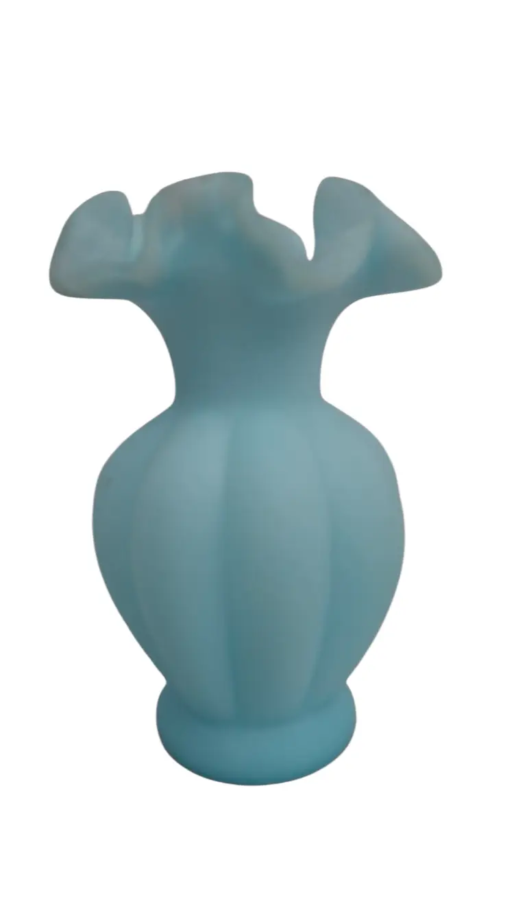 Fenton Blue Satin Melon Vase • Ruffled Rim • 5.5” Vintage Art Glass • Marked Fenton Décor