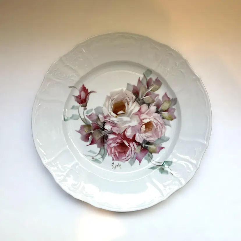 Vintage Czech Rose Platter - Hand Painted Porcelain - Signed 1991 Bernadotte - Cottagecore Decor - Grandmillennial Gift