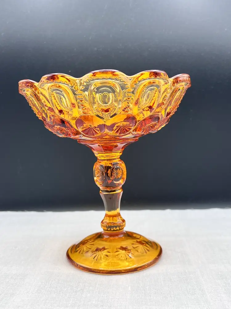 Vintage LE Smith Amber Moon & Stars 7" x 6 1/2" Pedestal Compote Bowl