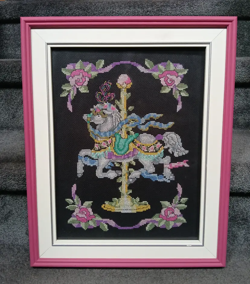 Vintage 90s Framed Cross Stitch Carousel Horse Textile Art