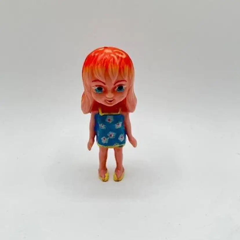 Vintage 1960s Plastic Girl Doll with Blue Daisy Dress