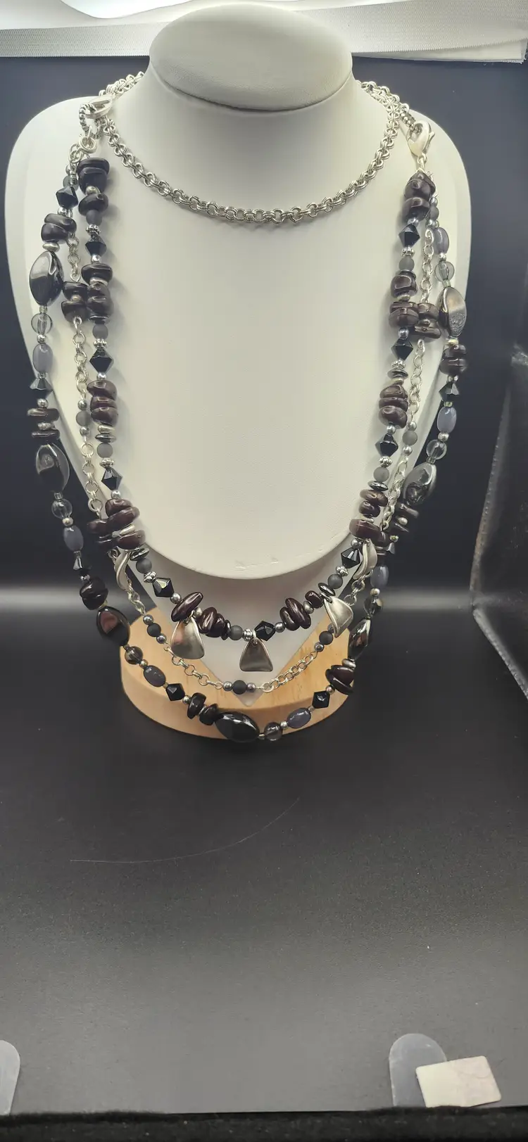 #01 Layered Silver & Wood Bead Necklace - NOS