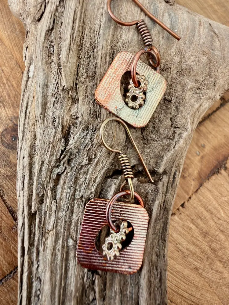 Mix Metal Square Textured Round Rings Hoop Earrings