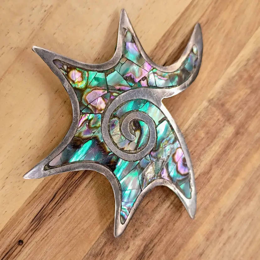 Sterling Silver & Mosaic Abalone Abstract Star Fish Brooch Pendant Mexico Signed.