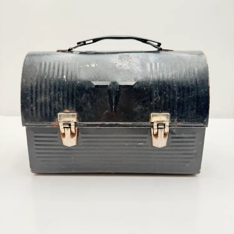 Very Old Black Thermos Metal Lunch Box With Latch Closure