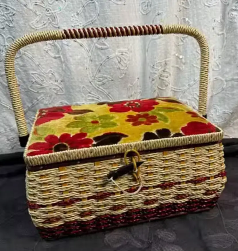Vintage Wicker Sewing Basket w/ Floral Velvet Lid