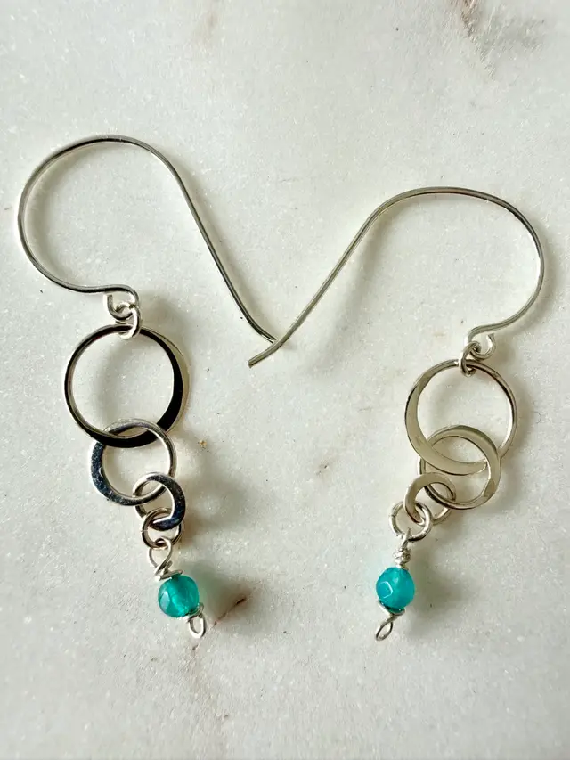 Sterling Silver Intertwined Rings With Green Chalcedony Handwired Bead Earrings