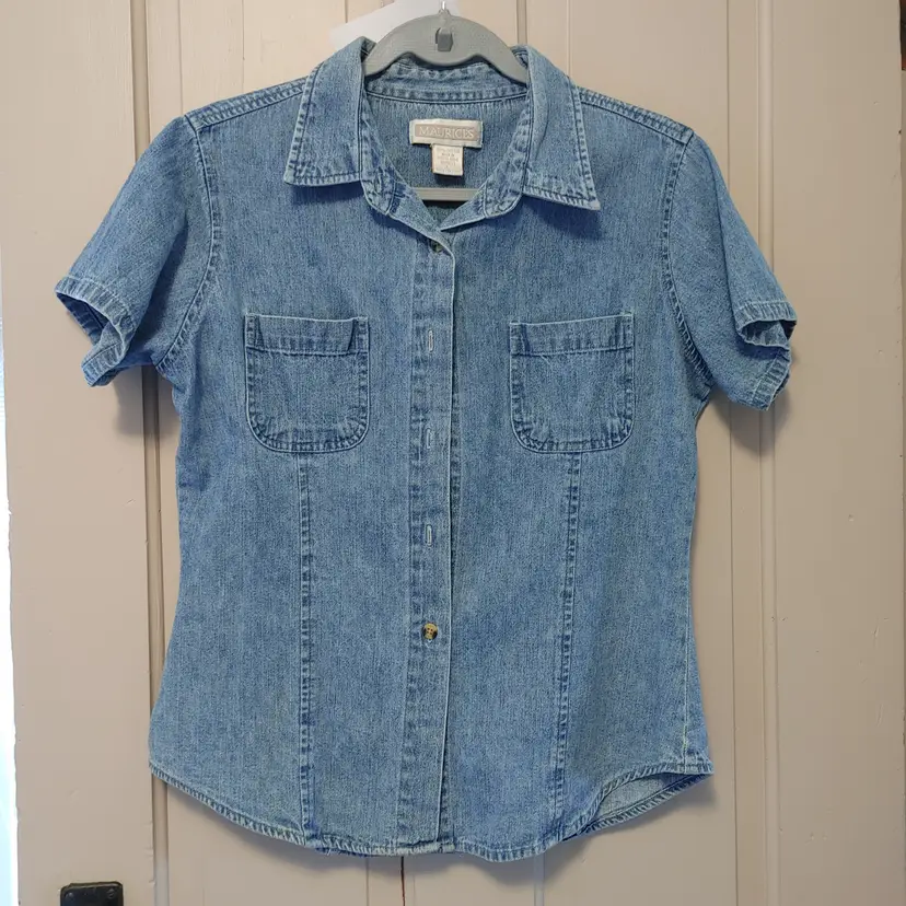 Top- Brand: Maurices. Size Large. Denim button down top. Material- 100% cotton. No callouts.