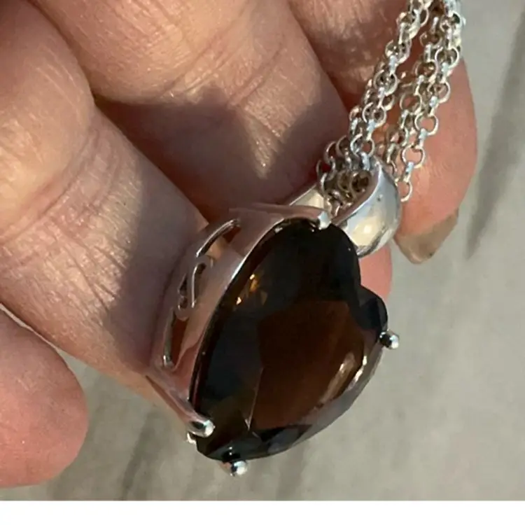 Designer, Segal 925 Toggle Clasp And Silver Triple Strand Chain, With Large Faceted Smoky Topaz Heart