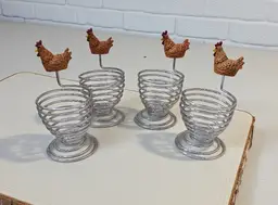 4 Stainless Steel Spiral Wire Chicken Egg Cup Holders Farmhouse Breakfast Easter