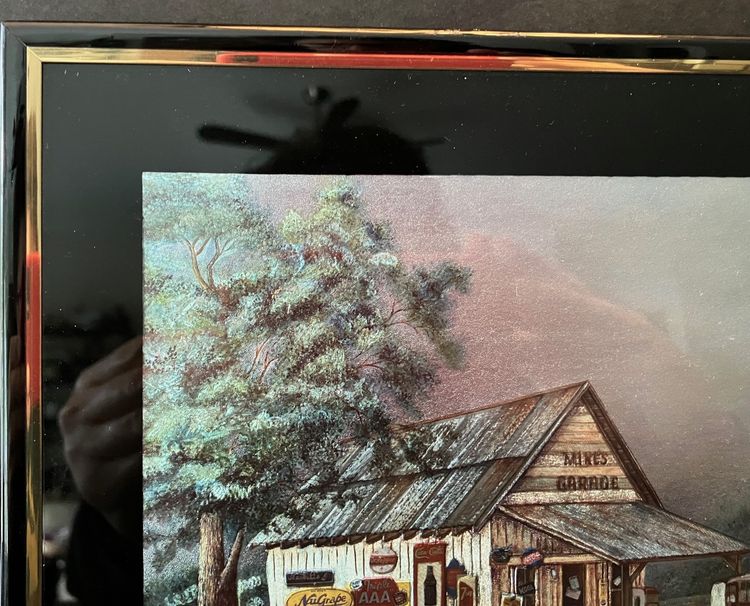 VTG COCA COLA PICTURE MIKES GARAGE COUNTRY MATTED FRAMED FOIL PRINT