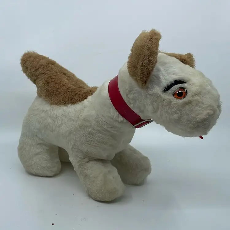 Vintage Plush Stuffed Terrier Dog, White And Tan, Red Plastic Collar, 9 1/2” Tall