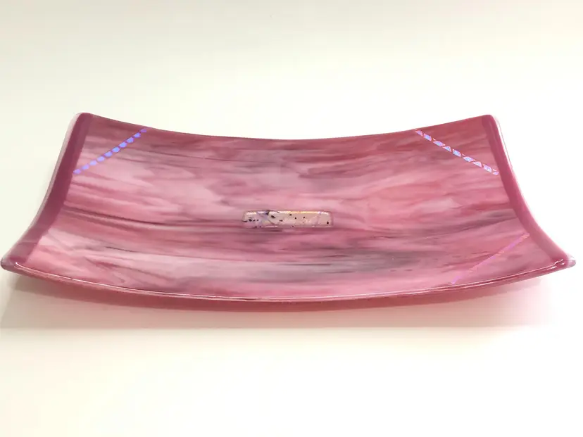 Fused Dichroic Inserts Pink Art Glass Tray Platter Iridescent Swirl Centerpiece Trinket Dish