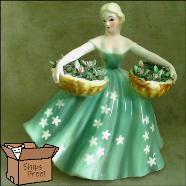 Vintage Girl with Flower Basket Indoor Planter | Gorgeous Gal in a Flowing Green Dress Holding Flower Baskets | Applied Flowers & Porcelain Spaghetti Grass | 1950s Lefton Made in Japan