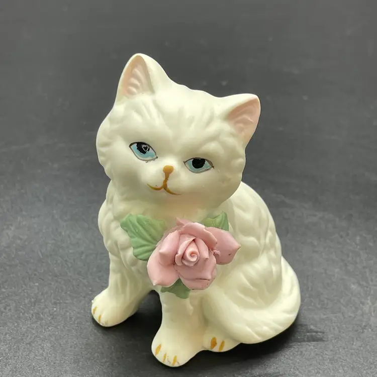 White Cat Kitten Kitty with Pink Rose Miniature Figurine VTG Bisque Porcelain