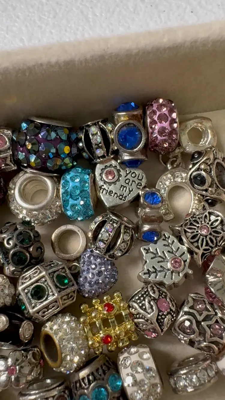 42 Silver Tone Rhinestone & Crystal Bracelet Slider Beads