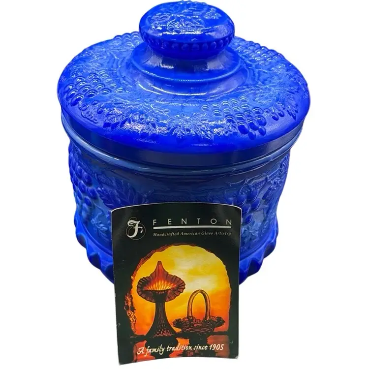 Vintage Fenton  Blue Slag Glass Grape & Cable Tobacco Jar