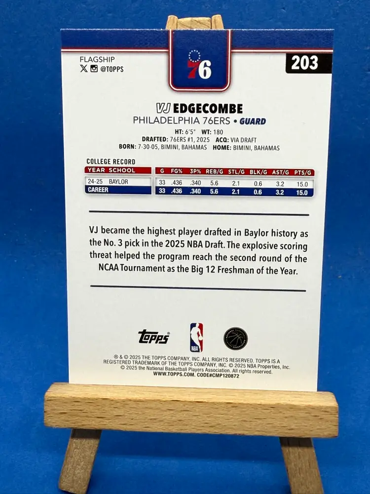 2025-26 Tops VJ Edgecombe RC #203 Philadelphia 76ers