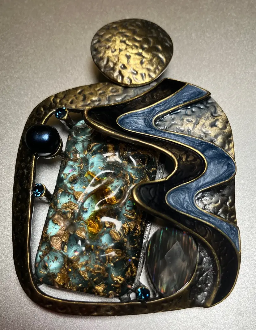 VTG Contemporary Style Artist Pendant Textured Bronze Enamel Glass Crystals